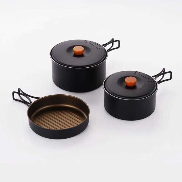 Camp Kitchen Outdoor Camping tragbares Kochgeschirr 2-3 Personen mit Kessel-Pot-Bratpfanne falten Picknick-Kochgeschirr Set Edelstahl Tabelle YQ240123