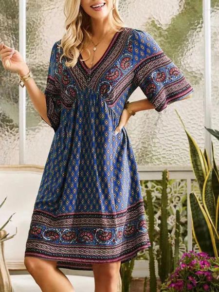 Partykleider Urlaub Ethnischer Stil Druck V-Ausschnitt Pullover Damen Halbarm Elegant Weiblich 2024 Sommer Täglich Lässig Hoher Taillenrock