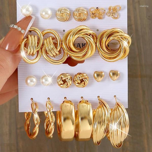 Orecchini a bottone 17KM Set di perle vintage in metallo color oro ciondola il cuore con la farfalla e il cerchio, gioielli di moda geometrici alla moda