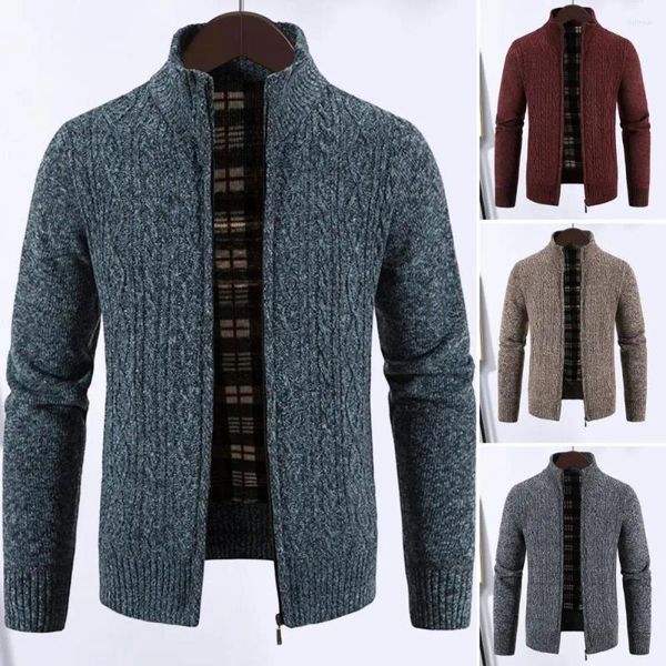 Suéter masculino outono inverno jaqueta de malha espessada crochê gola quente macio fecho de zíper bolsos manga comprida casual cardigan