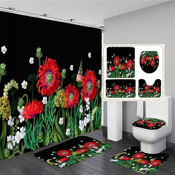 Cortinas de chuveiro grandes flores impressas 3D cortina de chuveiro à prova d'água poliéster cortina de banheiro conjunto de tapete de banho antiderrapante tapetes de banheiro decoração de casa