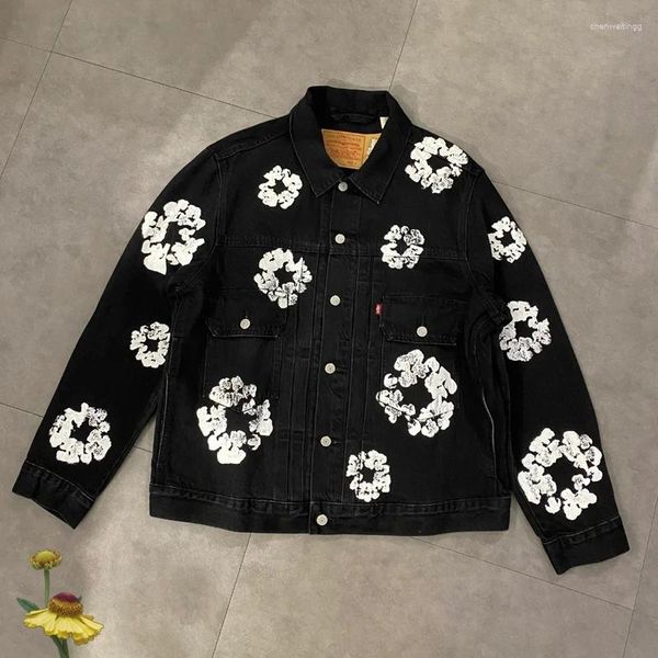 Herren Jacken Übergroße Vintage Street Ready Made Tears Mantel Kapok Full Print Schwarz Revers Cardigan Tops Denim Männer Frauen