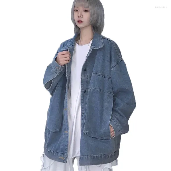 Giacche da donna Giacca Cappotto Donna Autunno Moda Colletto rovesciato Manica lunga Blu Jean Vintage Coreano Denim allentato