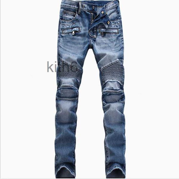 Männer Mode Zerrissene Biker Jeans Mann Distressed Moto Denim Joggers Gewaschen Plissee Motorrad Hosen Schwarz Blau OYKP