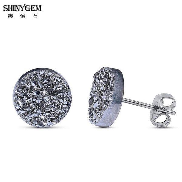 Küpe Shinygem Küçük Charm 610mm Yuvarlak Şekli AAA Doğal Kristal Druze Saplama Küpe 925 Sliver Geode Gem Taş Kadınlar için