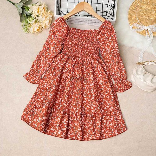 Mädchenkleider Kleid für Kinder, 4–7 Jahre, rotes Blumen-Langarmkleid für kleine Mädchen, koreanischer Stil, lässiges Urlaubskleid im pastoralen Stil