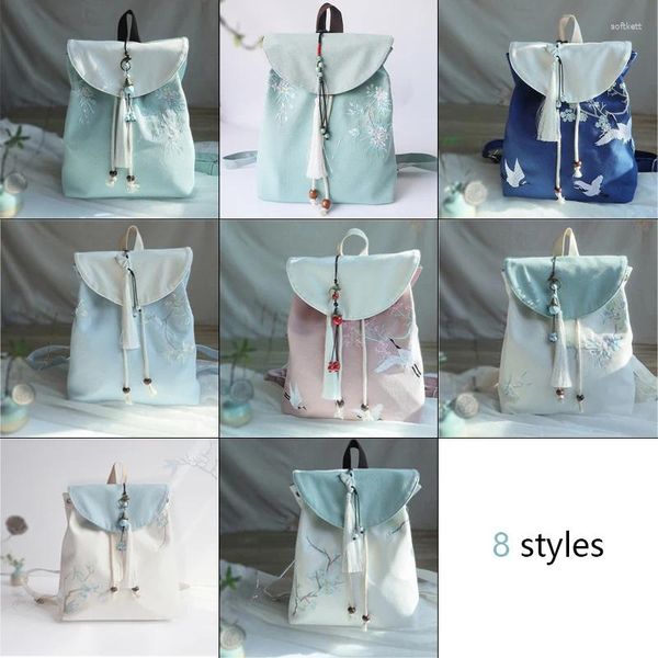 Sacos escolares Borla Pingente Estilo Chinês Flor Bordada Lona Mochila Mulheres Mochila Vintage Moda Viagem Ombro Meninas