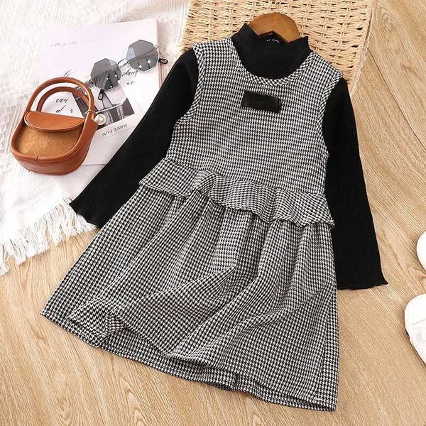 Vestidos da menina outono novo vestido conjunto para meninas 2-6 anos meninas preto de manga comprida malha superior + vestido xadrez sem mangas vestido de princesa conjunto