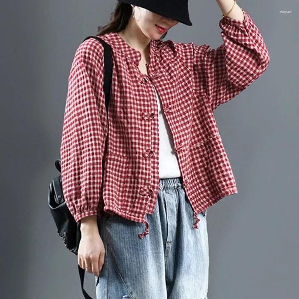 Frauen Blusen Vintage Stehkragen Taste Raffen Plaid Shirts Kleidung 2024 Luxery Winter Lose Casual Tops Laterne Hülse