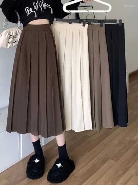 Röcke HOUZHOU Lange Faltenrock Frauen Vintage Koreanische Mode Feste Hohe Taille A-line Midi Schule Mädchen Elegante Casual Herbst