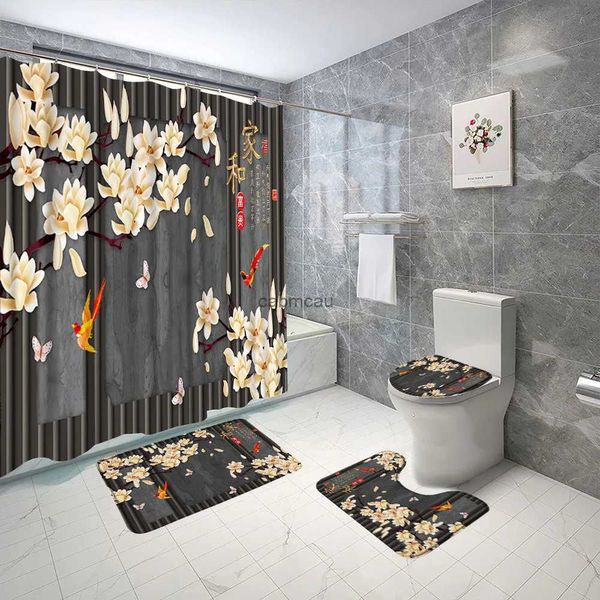 Cortinas de chuveiro 4 peças, flor roxa, folhas, cortina de chuveiro abstrata floral, decoração de banheiro, cortina suspensa, tapete de banho, conjunto de acessórios de banheiro antiderrapante