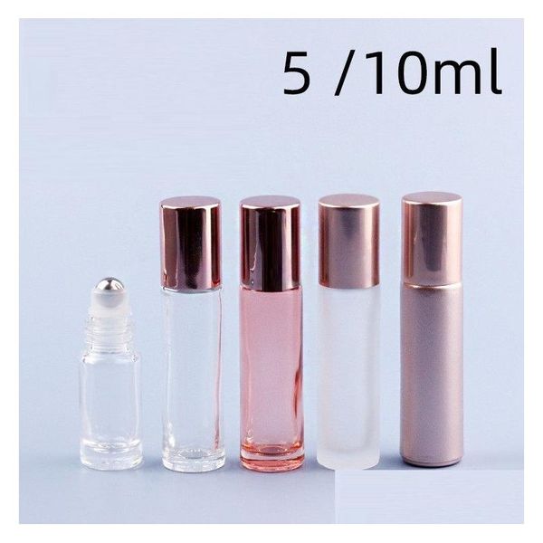Garrafas de embalagem atacado 5/10ml mini rolo na garrafa de rolo fragrância vidro rosa ouro essencial bola de metal de aço por recipiente gota dh4us
