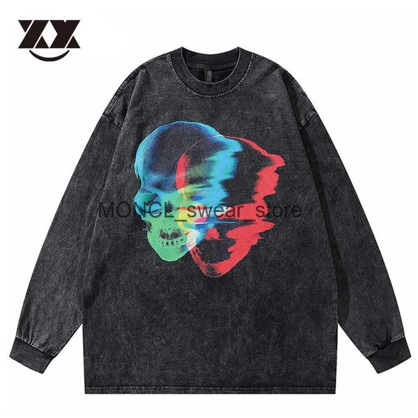 Erkek Hoodies Sweatshirts Hip Hop Renkli Kafatası Yıkanmış Tişörtlü Gölge Grafik Harajuku T-Shirt Erkekler Pamuk Gevşek Uzun Kollu Tshirt Street Giyim