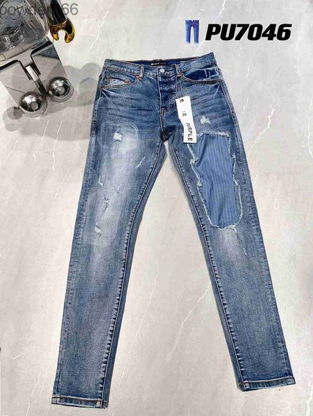 Roxo Mens Jeans Skinny Designer Rasgado Bicicleta Slim Calças Retas Dobre Moda Tendência Marca Retro Hip Hop Street 26 T2PB