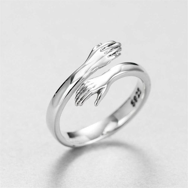 Anéis de banda de prata esterlina com abertura ajustável duas mãos abraçando anel um par de acessórios de anel de casal masculino e feminino tsq1