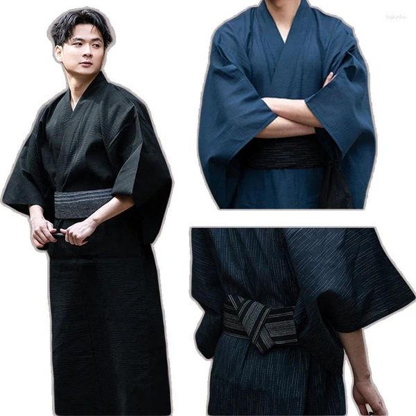 Roupas étnicas 2024 Japonês Tradicional Samurai Kimono Homens Yukata Banheira Robe Hekoobi Solto Estilo Sauna Desgaste Homewear Cinto Longo Vestido