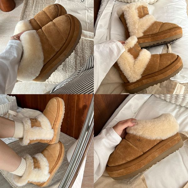 024 Damen-Plateau-Tazzlita-Slipper aus Hartholz-Wildleder, mit Lammfell gefütterte Stiefel, Wolle, pelzige Manschette, Pelzschuhe, Schaffell-Slide-Designer-Booties, Australien-Schneestiefel, 35–40