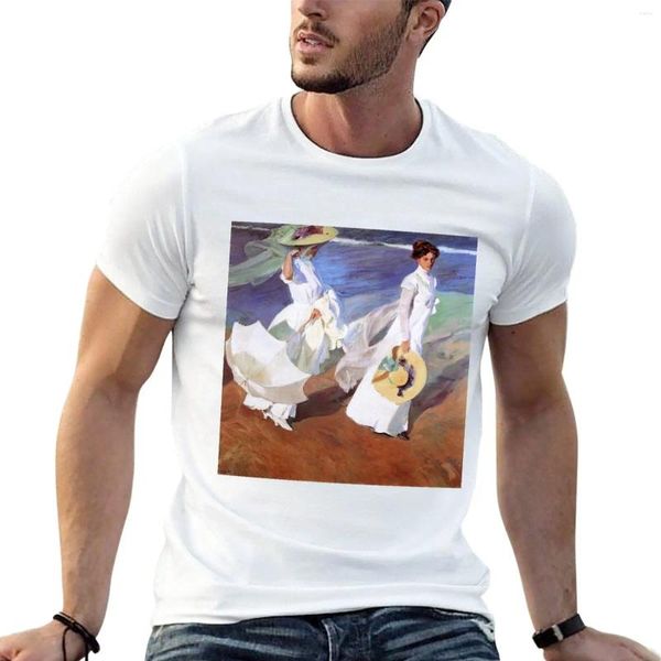 Magliette da uomo Joaquin Sorolla Donna che cammina sulla spiaggia T-shirt con pittura impressionista T-shirt vuota da uomo vintage