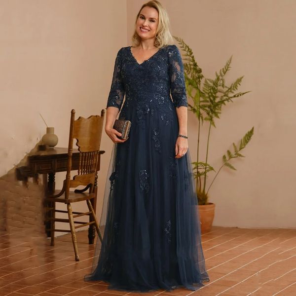 Vestido azul marinho para mãe da noiva, 2024, brilhante, decote em v, meia manga, glitter, apliques de renda, festa de casamento, noivo, vestidos formais