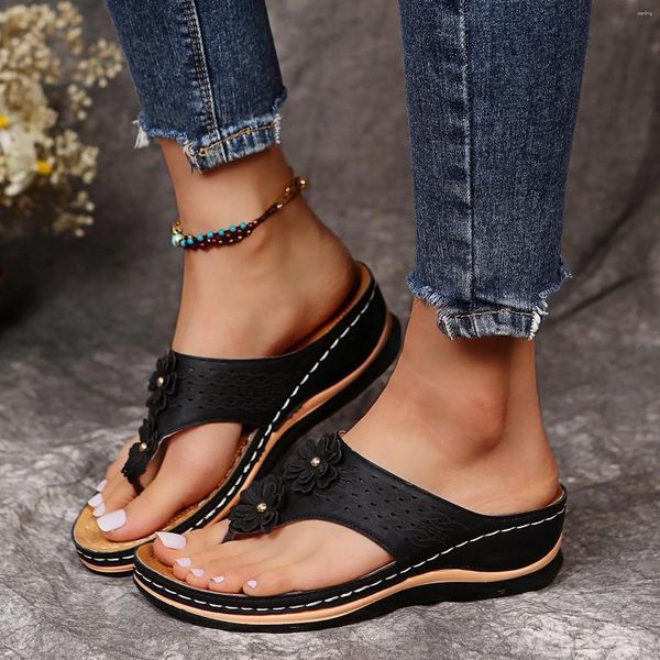 Sandalen für Damen, T-Riemen, bequemer Slider, römische offene Zehenschuhe, Sommer-Unterstützung, Slip-on-Flip-Flops, flacher Keilabsatz für Damen