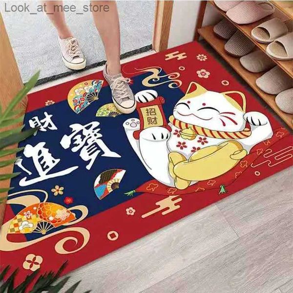 Tappeto 2023 Nuovo cartone animato Lucky Cat Aree Tappeti Tappetino antiscivolo Casa Camera da letto Ingresso Tappetino Fortuna ricca e propizia Tappeto rosso Q240123