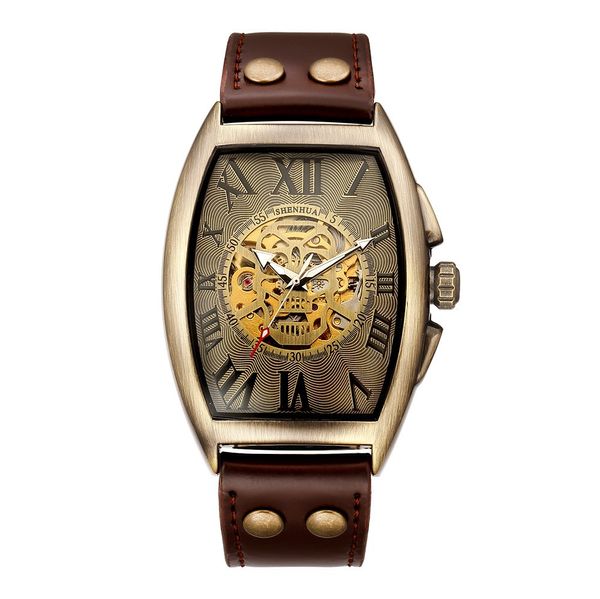 Reloj de pulsera hueco Nuevo movimiento mecánico para hombre con hebilla remachada Reloj informal luminoso Reloj de pulsera mecánico Reloj de bronce para hombre de moda Reloj montre de luxe