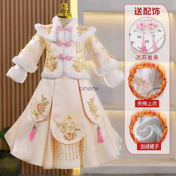 Vestidos da menina Novas meninas inverno Hanfu outono e inverno vestido de Natal infantil inverno serviço de ano novo 3-14T vestido de aniversário de caxemira