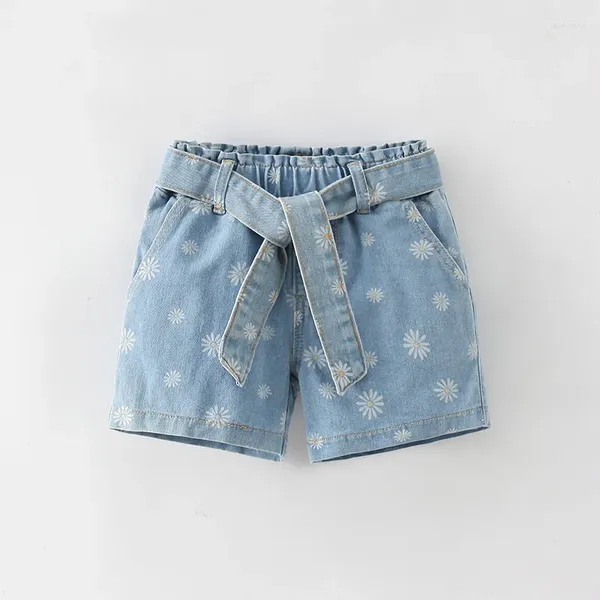 Shorts meninas jeans 2024 verão algodão coreano impresso solto cintura elástica crianças designer cinto decoração