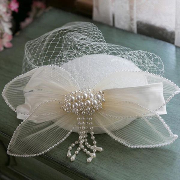 Berets 2024 Retro Fascinator Hut Haarspangen Elegante Damen Spitze Applikation Schleife Perle Braut Hochzeit Schleier Kopfschmuck