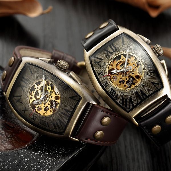 Nuova pelle meccanica da uomo con fibbia rivettata, orologio da uomo in bronzo alla moda, orologio casual di lusso luminoso, batteria al quarzo