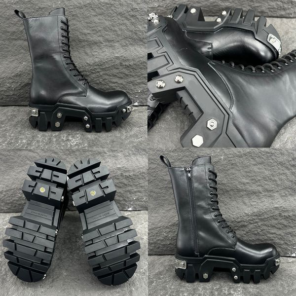 BULLDOZER-SCHNÜRSTIEFEL FÜR HERREN UND DAMEN IN SCHWARZ 67250 Designerstiefel aus mattem, glattem Kalbsleder, Plateaustiefel, Lederstiefel, Motorradstiefel im Punk-Stil, Martin-Stiefel, Größe 35–46