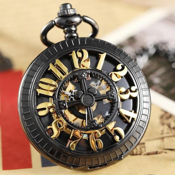 Orologi da tasca Orologio meccanico di facile lettura Orologio da uomo di lusso in oro nero Steampunk scheletro Grandi numeri Orologio a catena cava da uomo Collezione