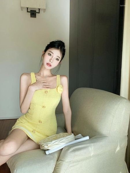 Vestidos informales de alta calidad Fiesta de tweed fragante de alta calidad para mujeres 2024 Corea dulce moda 3d Flor delgada de verano Rollas de verano