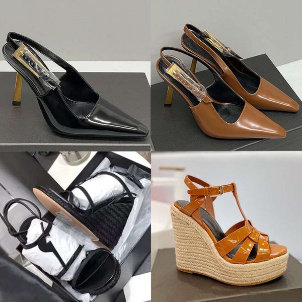 Platform Sandalet Kadın Kama Espadrilles Tasarımcı Patent Deri Yüksek Topuklu Ayarlanabilir Ayak Bileği Strap Gelinlik Ayakkabıları Kutu 325