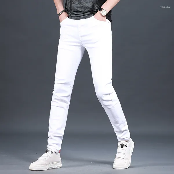 Jeans masculinos verão branco homens estilo coreano casual algodão leve slim fit calças jeans