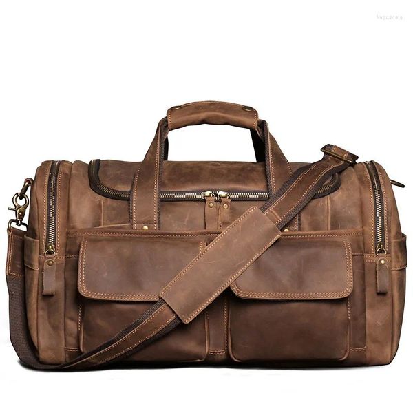 Duffel Taschen Nesitu Hohe Qualität A4 Große Große Vintage Braun Echtes Crazy Horse Leder Frauen Männer Reisetasche Männlich Gym duffle M0571