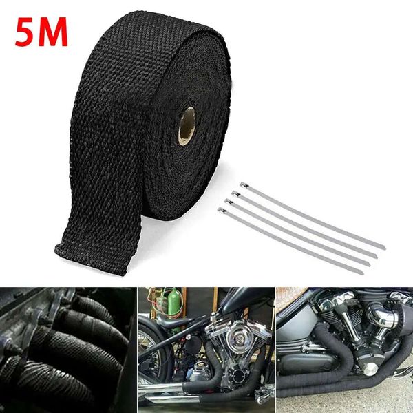 Neue 5 m Rolle Fiberglas-Hitzeschild für Motorrad-Auspuffkrümmer, Wärmewickelband, Wärmeschutz + 4 Kabelbinder-Set, Auspuffrohr-Isolierung