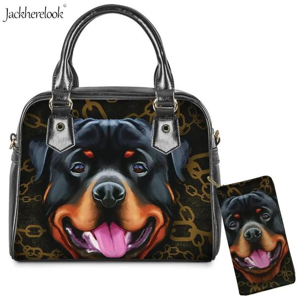 Taşıyıcı Jackherelook PU Deri Omuz Çantası Lady 2pcs/Set Rottweiler Köpek Evcil Hayvan Eşleme Çantası Siyah Hayvan Baskı Çantaları ve Cüzdan