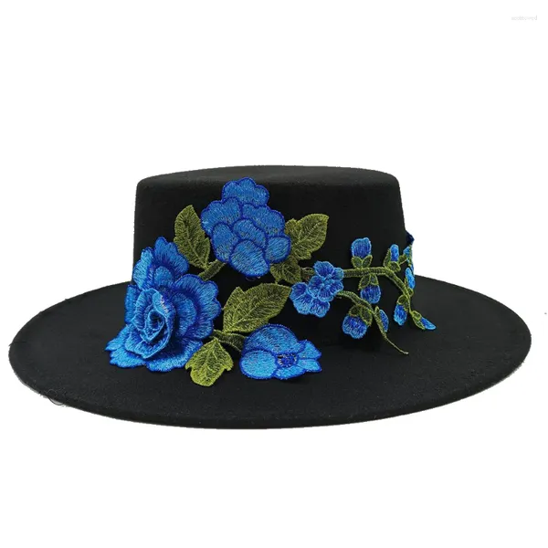 Berets Flor Fedora Chapéu Feminino Elegante Bordado Patch Feltro Francês Flat Top Outono / Inverno Festa de Casamento