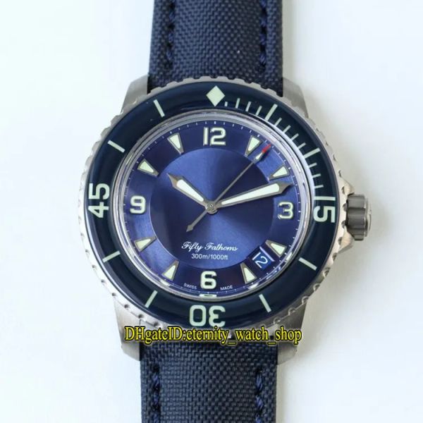 F Fifty Fathoms 5015 12B40 O52A Caixa de titânio Relógio masculino automático com mostrador de data azul, movimento Cal.1315, cristal de safira e tela de lona