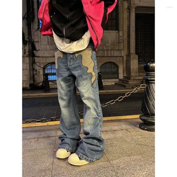 Jeans da uomo con ricamo a fiamma Bootcut impiombato e pantaloni dritti con tendenza High Street lavata retrò di moda americana da donna