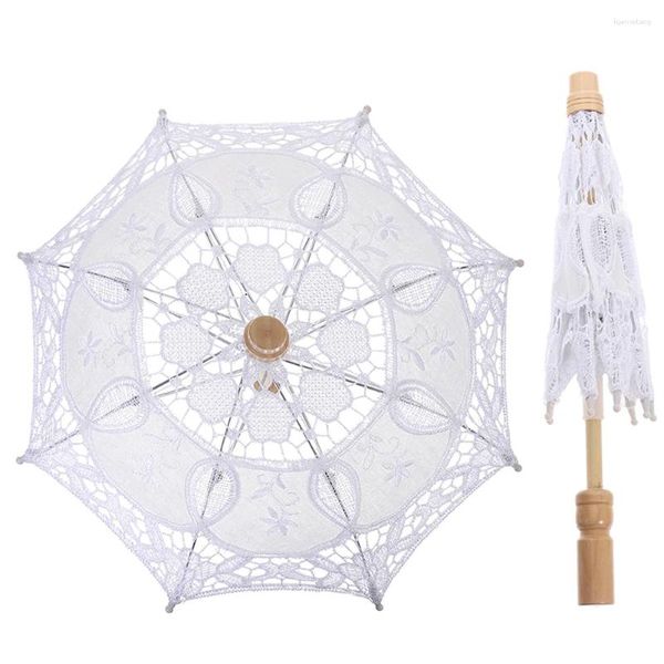 Guarda-chuvas 2 Pcs Prop Guarda-chuva Noiva Lace Parasol Véus de Casamento para Elegante Madeira Punho Vintage Branco Decoração Bordado Artesanato Festival
