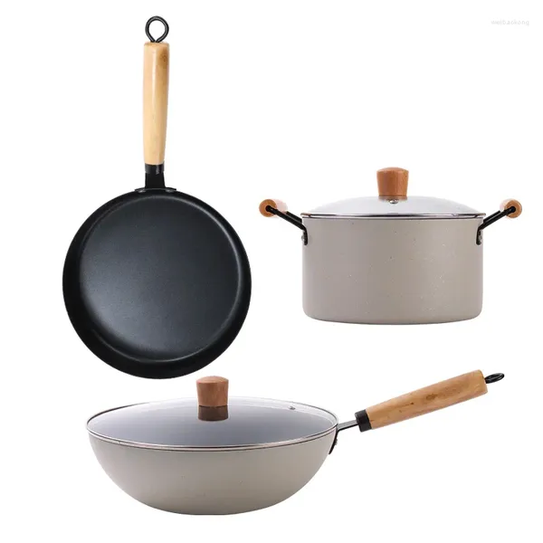 Conjuntos de panelas utensílios de cozinha atacado pedra wok conjunto de três peças panela doméstica panela sopa fritar presente de negócios