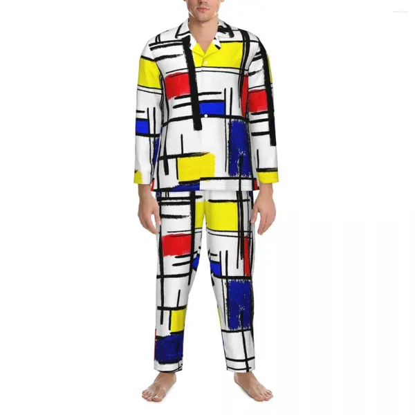 Pigiama da notte da uomo Pigiama da uomo Colorblock Daily De Stijl Arte moderna Set da pigiama estetico in due pezzi Comodo abito da casa oversize