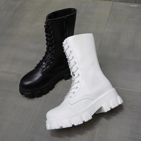 Botas 2024 Mulheres High Barrel Slim Britânico Outono / Inverno Vestido de Trabalho Side Zipper Grosso Sola Motocicleta para Mulheres