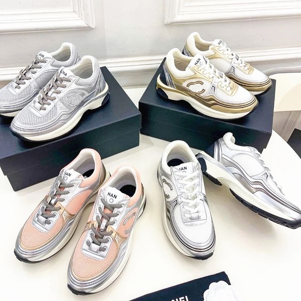 Beyaz Pembe Çift CC Sneaker Platform Ayakkabı Kadın Erkek Tasarımcı Gündelik Ayakkabı Lüks Eğitmen Elbise Spor Koşu Ayakkabı Kanalı Deri Süet Tuval Kumaş Gümüş Altın Ayakkabı