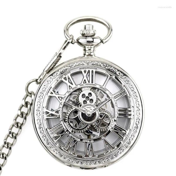 Relógios de bolso tom de prata steampunk engrenagem mão masculina vento relógio mecânico esqueleto caso numerais romanos dial fob corrente pingente relógio