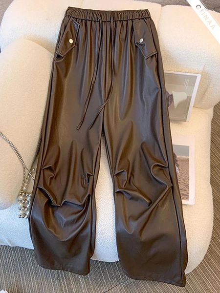 Pantaloni da donna Oiinaa marrone per donna ecopelle a vita alta streetwear casual gamba larga con lacci moda vintage dritto