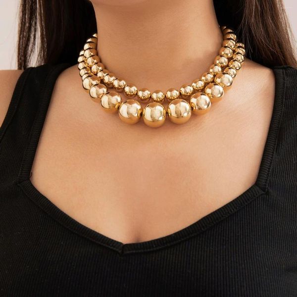 Choker IngeSight.Z Übertriebene große CCB-Kugelperlenkette für Damen, Vintage-Stil, goldfarben, doppellagige Perlen-Halskette, Schmuckset