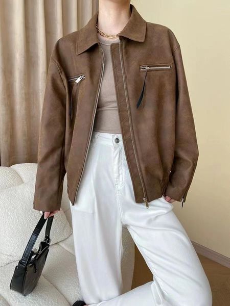Kadın ceketleri modern özel vintage benekli erken sonbahar fermuarlı deri ceket düz renk uzun kollu üst rahat ve çok yönlü
